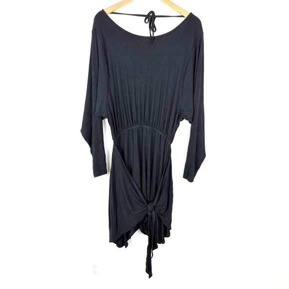 Free People Black Wrap Tie Waist Dolman Long Sleeve Knit Mini Dress - Picture 3 of 10